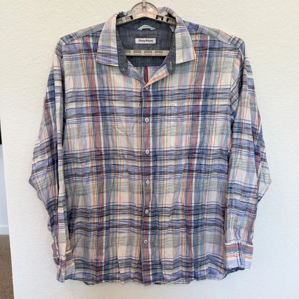 Tommy Bahama Men XXL Blue Orange Plaid Cotton Tencel Long Sleeve Button Up Shirt